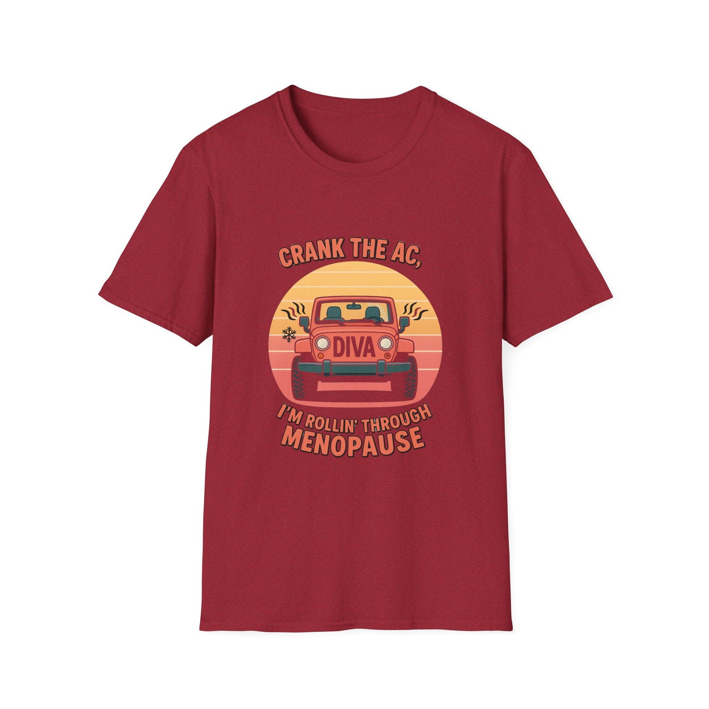Rollin' Through Menopause T-Shirt, Funny Gift for Jeep Lovers, Women's Humor Tee, Unisex Softstyle Shirt, Birthday or Mother's Day Gift
