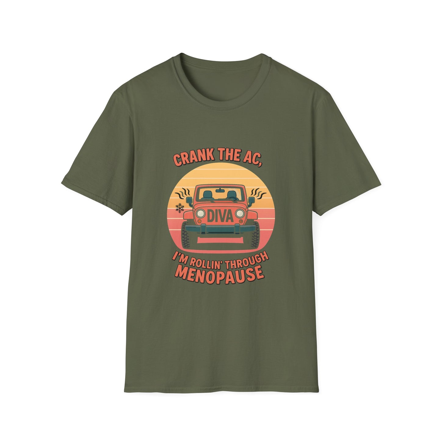 Rollin' Through Menopause T-Shirt, Funny Gift for Jeep Lovers, Women's Humor Tee, Unisex Softstyle Shirt, Birthday or Mother's Day Gift