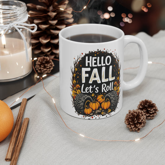 Fall-Themed Mug, Hello Fall Let's Roll Coffee Cup, Autumn Decor, Gift for Pumpkin Lovers, Halloween Mug, Seasonal Drinkware