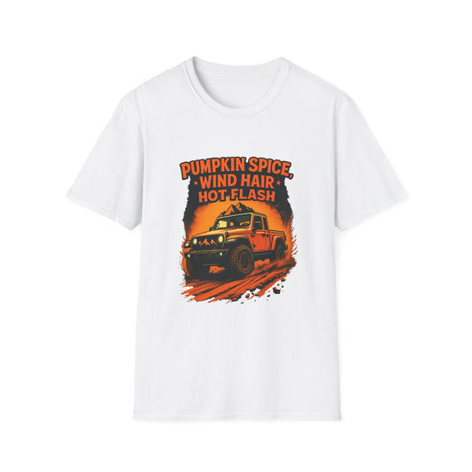 Autumn Adventure T-Shirt | Pumpkin Spice, Wind Hair Hot Flash, Cozy Fall, Unisex Tee, Outdoor Fun, Seasonal Gift