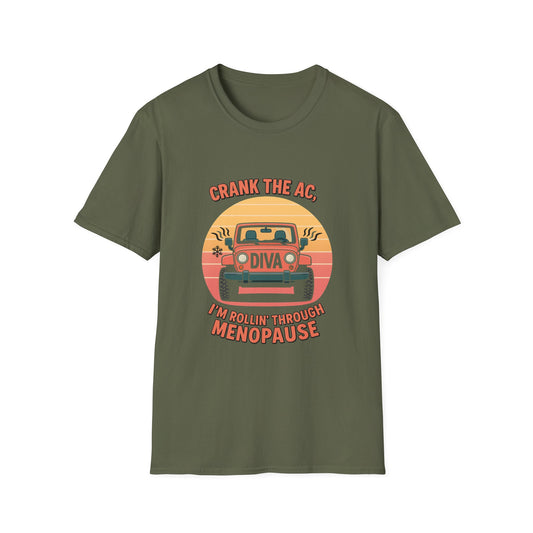 Rollin' Through Menopause T-Shirt, Funny Gift for Jeep Lovers, Women's Humor Tee, Unisex Softstyle Shirt, Birthday or Mother's Day Gift