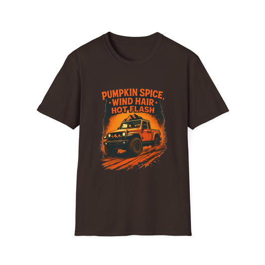 Autumn Adventure T-Shirt | Pumpkin Spice, Wind Hair Hot Flash, Cozy Fall, Unisex Tee, Outdoor Fun, Seasonal Gift